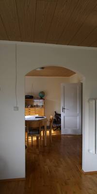 View from living area into dining kitchen