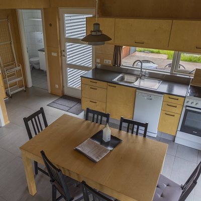 View from the attic to the kitchen and dining area