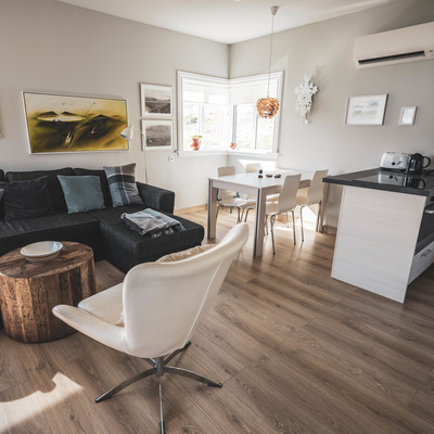 Living and dining area are furnished with design furniture in Scandinavian style