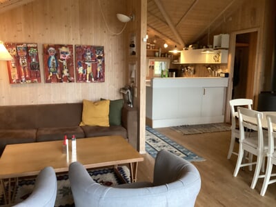 Open kitchen and living room with couch