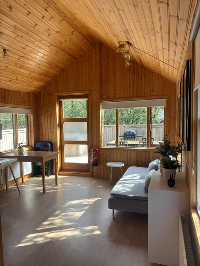Living-dining area with windows